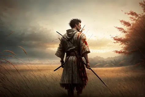 a lone ronin in bloody torn robe walking in the rain, bare feet, from behind, (long sword), wavy (tall grass:1.2), sunset, [mess...