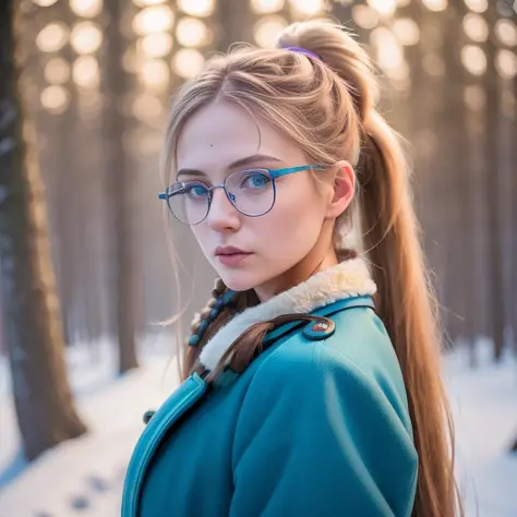 (masterpiece:1.4), (best quality:1.4) (1 girl), long hair, ponytail, glasses, coat, open clothes, [winter forest], massive breas...