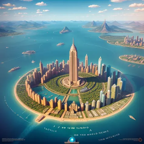 a city in the middle of a large body of water, escape from new york, c4d, photography, by Wes Anderson, aerial view, fantasy, Lo...