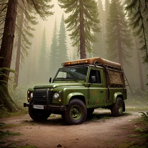 a painting of an old truck in the woods, (luscious) in the last of us, terrifying atmosphere, land rover defender 110 (1985), gr...