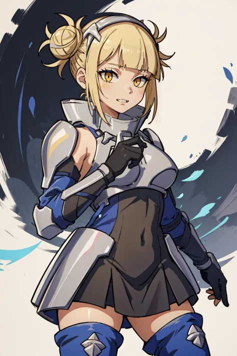 (masterpiece, best quality),  intricate details,
1girl,     himiko toga, blonde hair, blunt bangs, double bun, eyebrows hidden by hair, eyeliner, hair bun, makeup, messy hair, (yellow eyes:1.5), fangs, narrow eyes, armor, black gloves, blue footwear, blue thighhighs, boots, breastplate, covered navel, dress, gauntlets, gloves, headgear, knee pads, long sleeves, multicolored clothes, multicolored dress, taut clothes, taut dress, thigh boots, thighhighs,,