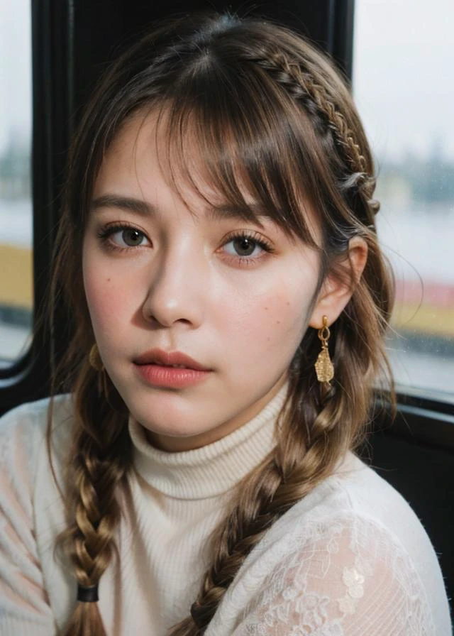 raw photo, (Polaroid photos, photos that look like they were taken with a Polaroid camera:1.1), 
Water drops on window, heavy rain outside, Strong fluorescent light, sitting woman, 25 yo, (bangs hair:1.2),  (gold leaf hair,  braid hair:1.36),faint lips, cowboy shot, front view, wear a  turtleneck , in the train, rural landscape, window, on seat, her peaceful expression and gentle breathing create a calming atmosphere,, natural skin texture, hyperrealism, hdr, hyperdetailed, RAW photo, photorealistic, best quality, highres, realistic, 8k, caustics, dynamic light, beautiful and delicate lips, delicate fingers, detailed pupil, real human skin,