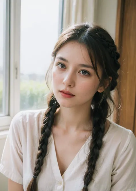 a woman with long hair and a white shirt is looking at the camera