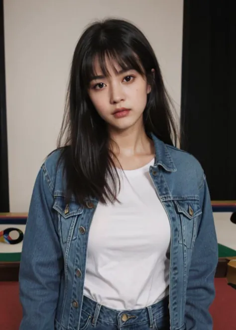 a woman in a white shirt and denim jacket standing in front of a pool table