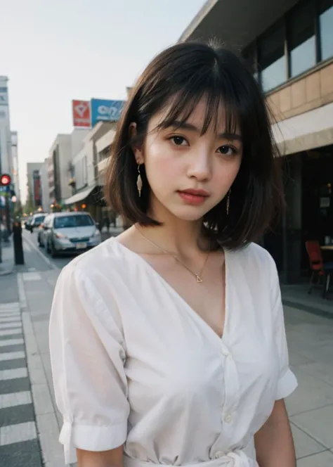 a woman standing on a sidewalk in a white shirt and white skirt