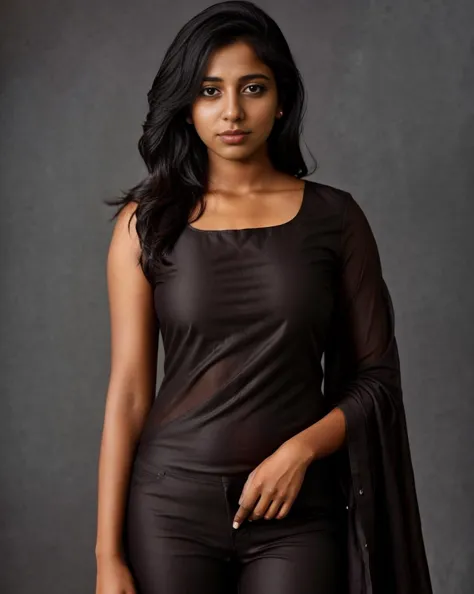 professional portrait photo of desiespresso woman, fully dressed, very dark brown skin, plain, 25-year-old, wearing elegant Pants_kurta, flat white matte background