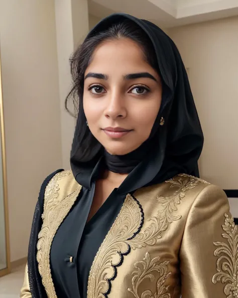 a woman in a black and gold outfit posing for a picture