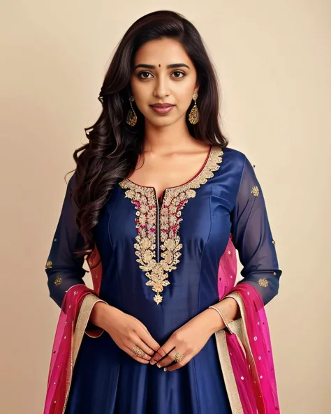 professional portrait photo, fully dressed, stunning looking, 25-year-old,  wearing colorful Salwar Kameez, flat matte background, desi