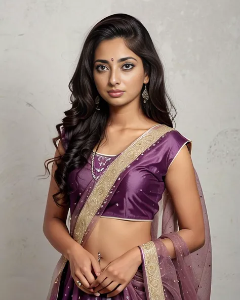 anusha in purple sari and blouse