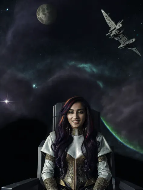 a woman sitting in a chair with a book and a spaceship in the background