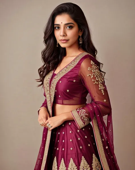 a woman in a maroon lehen with gold embroiderys and a matching blouse