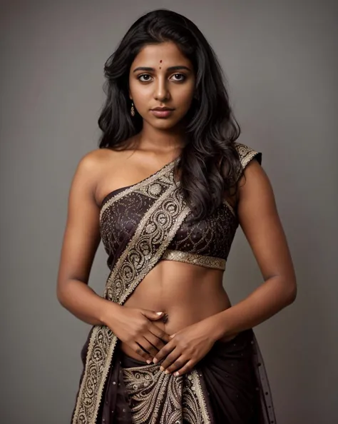 professional portrait photo of desiespresso woman, fully dressed, very dark brown skin, plain, 25-year-old, wearing intricate Rajasthani Lehenga, flat white matte background