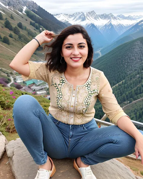 araffe woman sitting on a rock with a mountain in the background