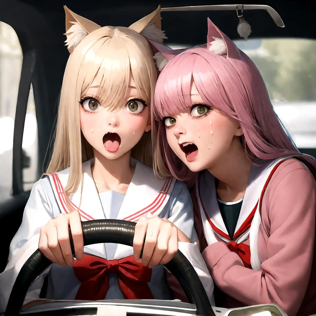 absurdres, highres, ultra detailed, 
2girls, cat girl, cat ears, fang, steering wheel, car, front view, serafuku, , 
 constricted pupils,  sweatdrop,  open mouth,  sweat, teeth, tears,
perfect hands, 