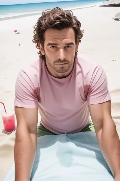 arafed man sitting on a surfboard on a beach with a drink