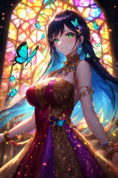 1girl, masterpiece, extremly detailed, ((Cinematic lighting)), (glowing), ((dramatic lighting)), ((beautiful detailed glow)), intricate detail, lens flare, multicolored hair, rainbow hair, long hair, multicolored dress, butterfly hair ornament, butterflies, (light particles), Arms behind back, large breasts, [curvy], cowboy shot, light smile, green eyes, church, stained glass, spotlight, dark background, floating hair, floating hair, looking at viewer,((colorful))