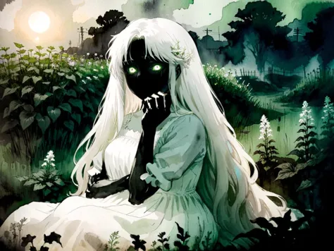 Horror-themed 1girl with long white hair sitting in a field of green plants and flowers, her hand under her chin, warm lighting,...