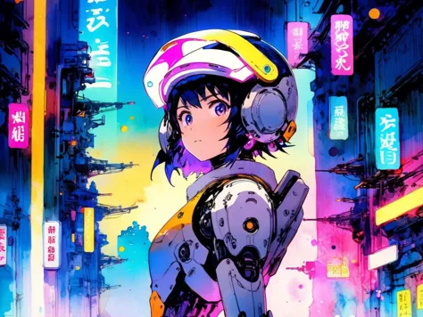 anime artwork 1girl, robotic, mechanical arms, neon lights, helmet, visor down,scenery, <lora:Aether_Watercolor_and_Ink_v1_SDXL_...
