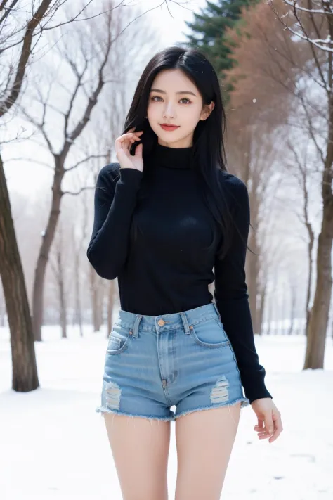 In the cold winter,a beautiful girl stands gracefully in a black sweater and denim shorts. She has black hair and vibrant purple...