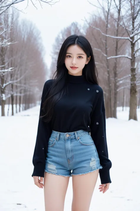 In the cold winter,a beautiful girl stands gracefully in a black sweater and denim shorts. She has black hair and vibrant purple...