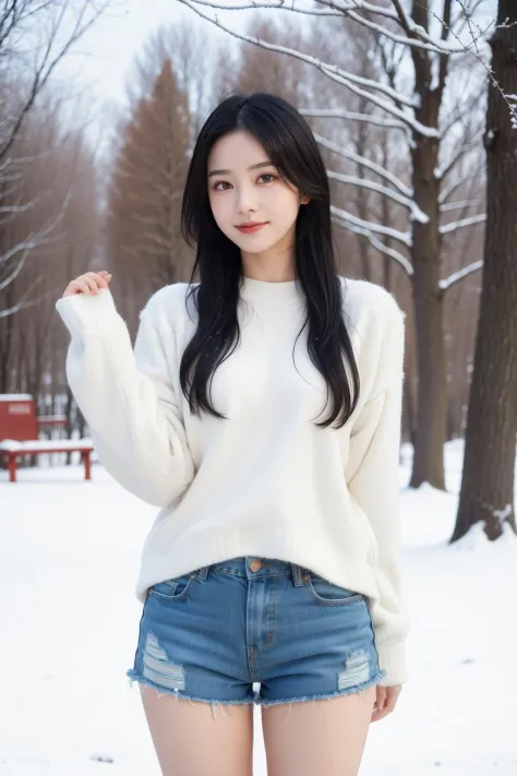 In the cold winter,a beautiful girl stands gracefully in a black sweater and denim shorts. She has black hair and vibrant purple...