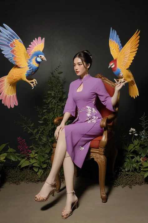 araffe woman in a purple dress sitting on a chair with two parrots