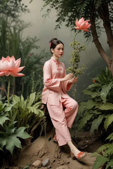 arafed woman in pink outfit sitting on rock with pink flowers