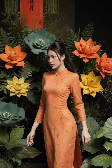 arafed woman in a long orange dress standing in front of a flower garden