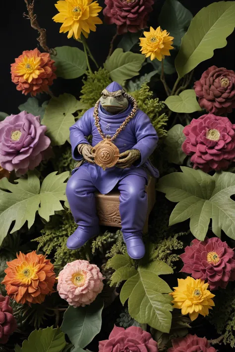 there is a statue of a frog sitting on a chair surrounded by flowers