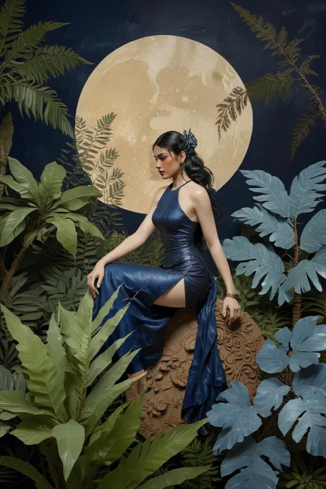 arafed woman in a blue dress sitting on a rock in a jungle