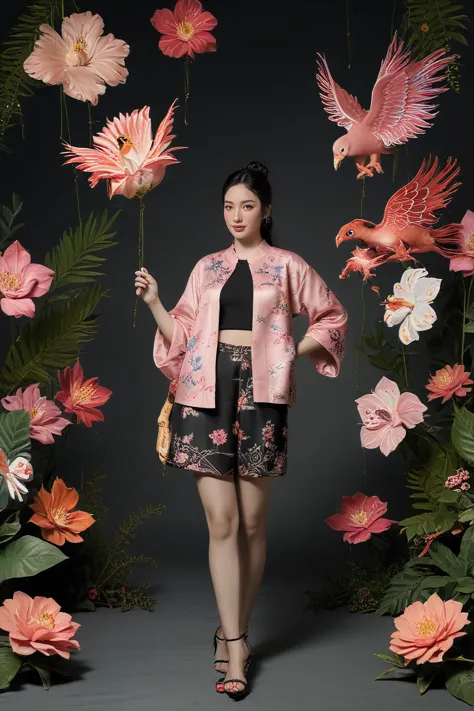 a woman in a pink jacket and black dress standing in front of a floral wall