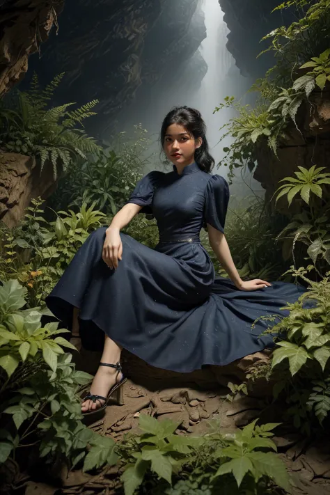 arafed woman in a blue dress sitting on a rock in a forest