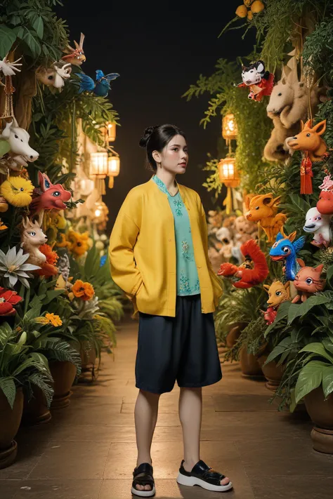 a woman standing in a garden with lots of stuffed animals