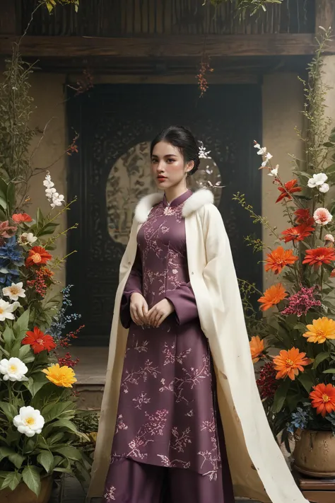 a woman in a purple dress and white cape standing in front of a flower garden