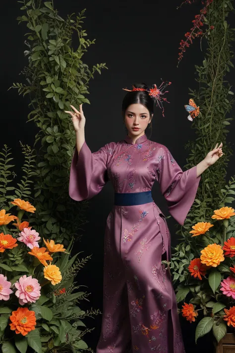 arafed woman in a purple kimono standing in a garden of flowers