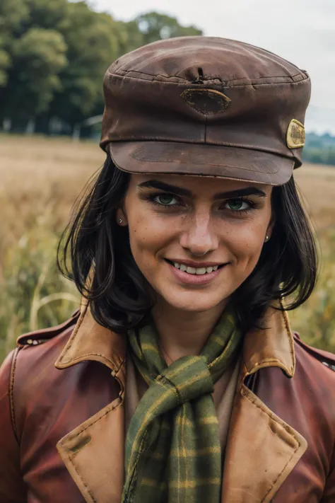 piper, hat, black hair, green eyes,green scarf, red overcoat, looking at viewer, smiling, close up, outside, field, overcast, hi...