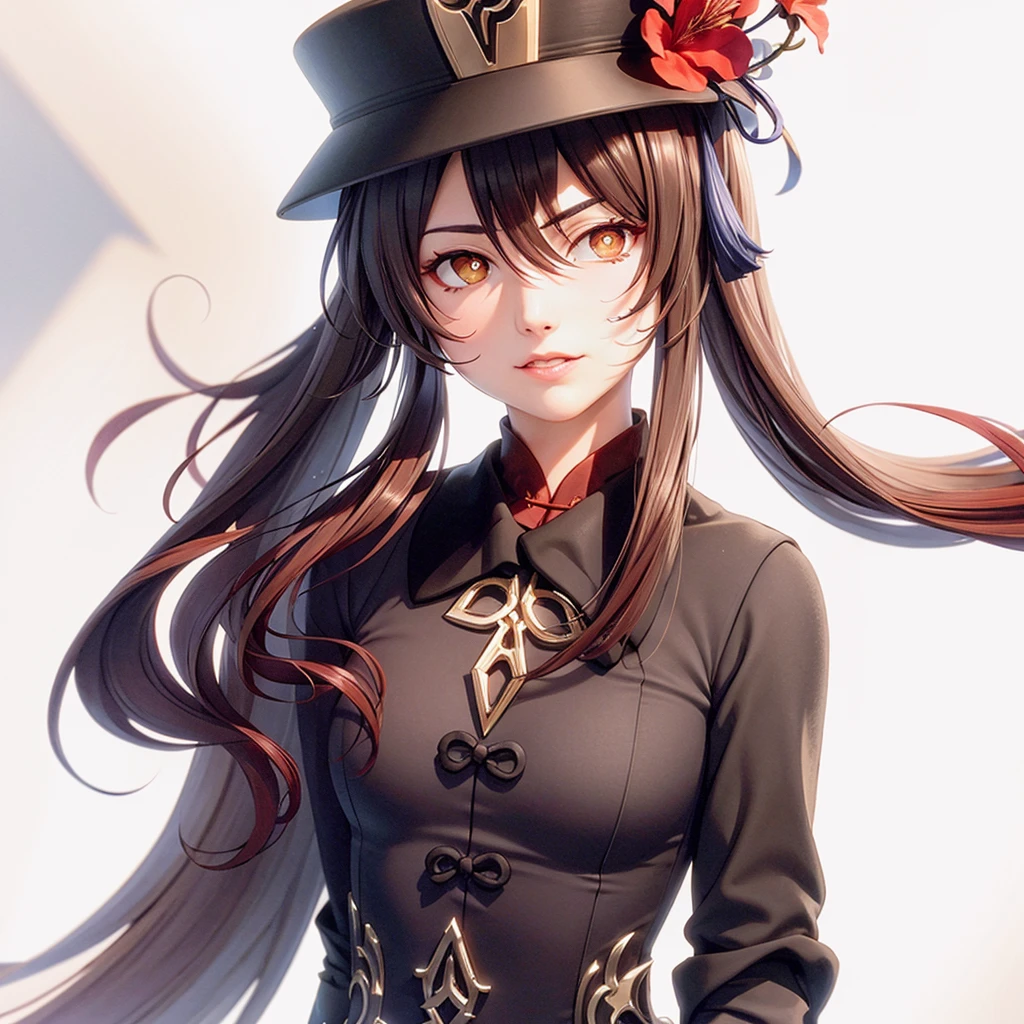 flower, red_flower, solo, hat, long_hair,hu hu tao \(genshin impact\),mature female, looking_at_viewer, upper_body, chinese_clothes, 1girl, hat_flower, brown_hair, closed_mouth, hibiscus, red_rose, spider_lily, bangs,kbxll