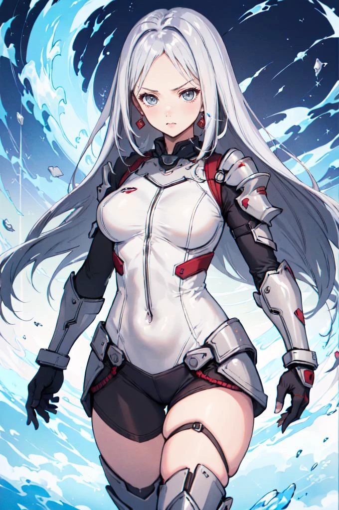 absurdres, ultra detailed, masterpiece, best quality, aesthetic, detailed,, serious, 1girl, (white eyes:1.1), (grey eyes:1.3), white hair, very long hair, parted hair, parted bangs, medium breasts,, valkyrie, (bodysuit:1.1), pink wing hair ornament, grey armored skirt, black bodysuit, armor, gauntlets, pink breastplate, greaves, armored dress, pink hues,