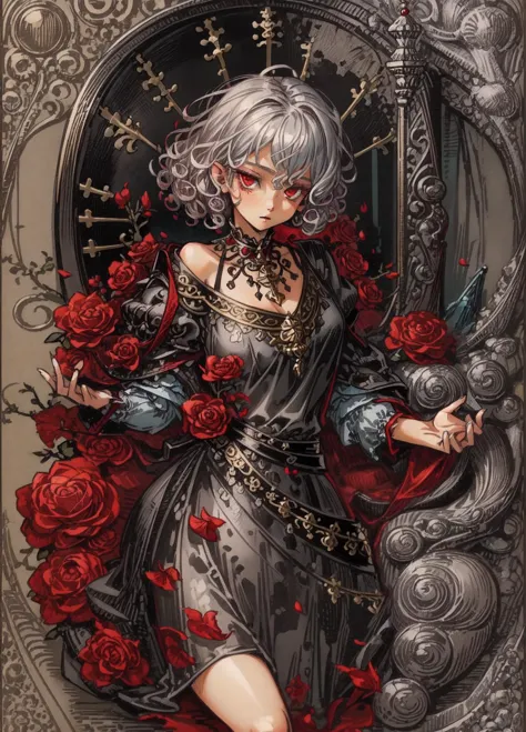 (masterpiece, top quality, best quality),  Ñute,  1girl ,,fantasy town , gray hair, red eyes, short hair, fantasy, aristocratic,curly hair,decollete, <lora:Tarotv0.2:1> the, with, tarot, card, caption <lora:add_detail:1>