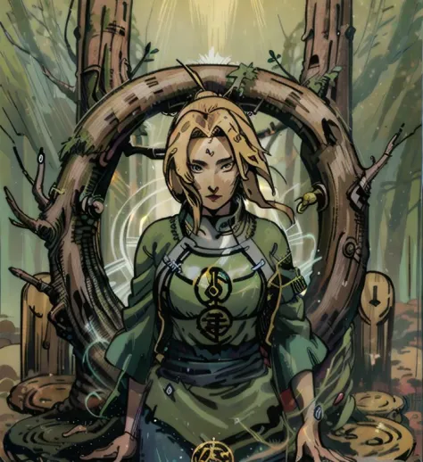 tarot card, the fool, tsunade,  forest tree, <lora:tarotv0.2:1>  <lora:tsunadenss:1>