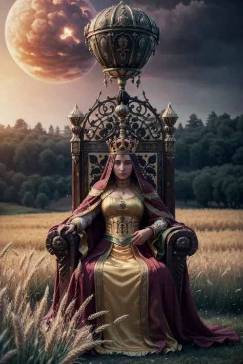 <lora:Tarotv0.2:0.6>, tarot card, the empress, woman, pillow, throne, crown, scepter, wheat field, realistic,, (Extremely Detail...