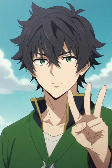 a man with black hair and green eyes making a peace sign