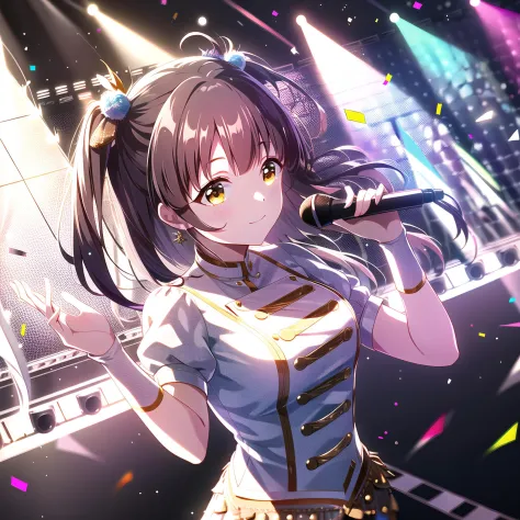 high quality, best quality, masterpiece, absurdres, suzumura yu, idol, 1girl,  solo, on_stage, stage_lights, light_particles, reaching_out