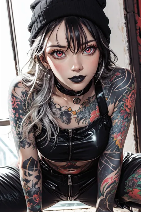 (masterpiece, best quality),  perfect face, perfect eyes, perfect hands, expressive eyes, (ultra-detailed, 8k, cg, dynamic colors),
BREAK
beautiful tattooed girl in a loose black T-shirt and shiny black latex pants and a black beanie, shiny pants, (long black hair with silver highlights:1.2), (intense glowing red eyes:1.2), evil smile, (toned, defined muscles), makeup, mascara, black eyeshadow, (black lipstick:1.2), tattoos, <lora:MK_msn:0.7>