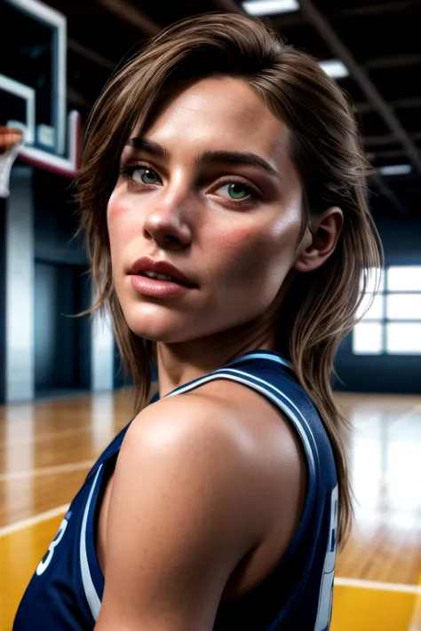 beautiful mature college girl, wearing basketball outfit, in basketball court, slim, petite, photorealistic, photo, masterpiece, realistic, realism, photorealism, high contrast, photorealistic digital art trending on Artstation 8k HD high definition detailed realistic, detailed, skin texture, hyper detailed, realistic skin texture, armature, best quality, ultra high res, (photorealistic:1.4),, high resolution, detailed, raw photo, sharp re, by lee jeffries nikon d850 film stock photograph 4 kodak portra 400 camera f1.6 lens rich colors hyper realistic lifelike texture dramatic lighting unrealengine trending on artstation cinestill 800, 
 <lora:add_detail:1>