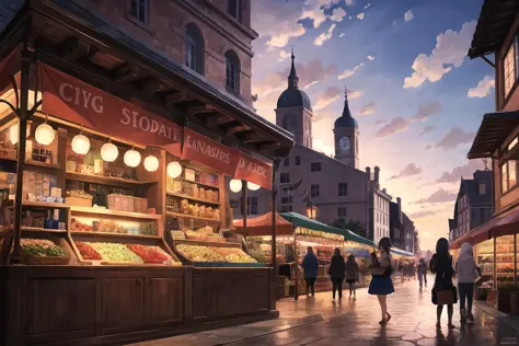 masterpiece, absurdres, best quality, illustration, extremely delicate and beautiful.
(medieval:1.3), city square, evening, sunset, horse, market, playing children, vendors, holding apple,