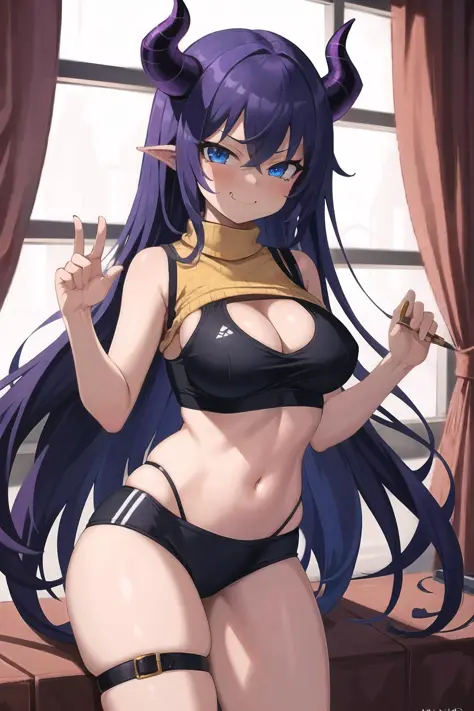 masterpiece, absurdres, best quality, illustration, extremely delicate and beautiful.
1girl, yellow sweater vest, cleavage, black sports bra, dark skin, blue eyes, purple hair, very long hair, demon horns, narrow waist, dynamic pose, cleavage cutout, (smug...