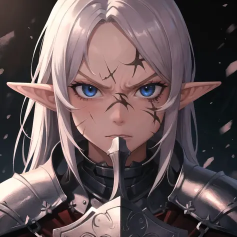 masterpiece, absurdres, best quality.
portrait, realistic, scar on face, 1girl, pointy ears, elf, knight, armored dress, holding sword, close up, angry,