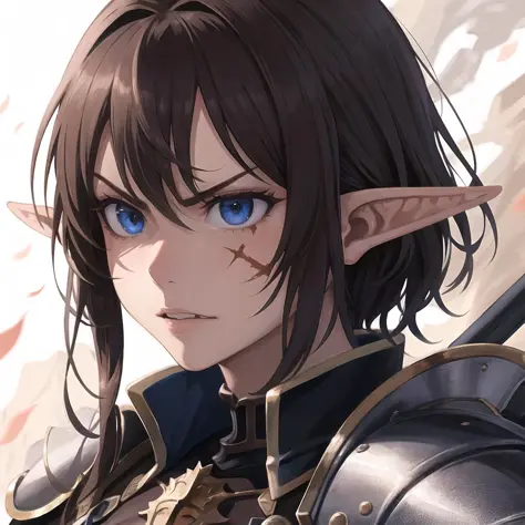 masterpiece, absurdres, best quality.
portrait, realistic, (scar on face:0.8), 1girl, pointy ears, elf, knight, armored dress, holding sword, close up, angry, brown hair