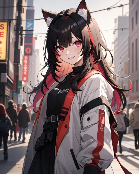 (masterpiece:1.1), (highest quality:1.1), (HDR:1.3), (real focus:1.2), an anime girl with long black hair and a white jacket with a cat ears on her head, official art, 1girl, animal_ears, bangs, black_hair, black_shirt, blurry, blurry_background, depth_of_...